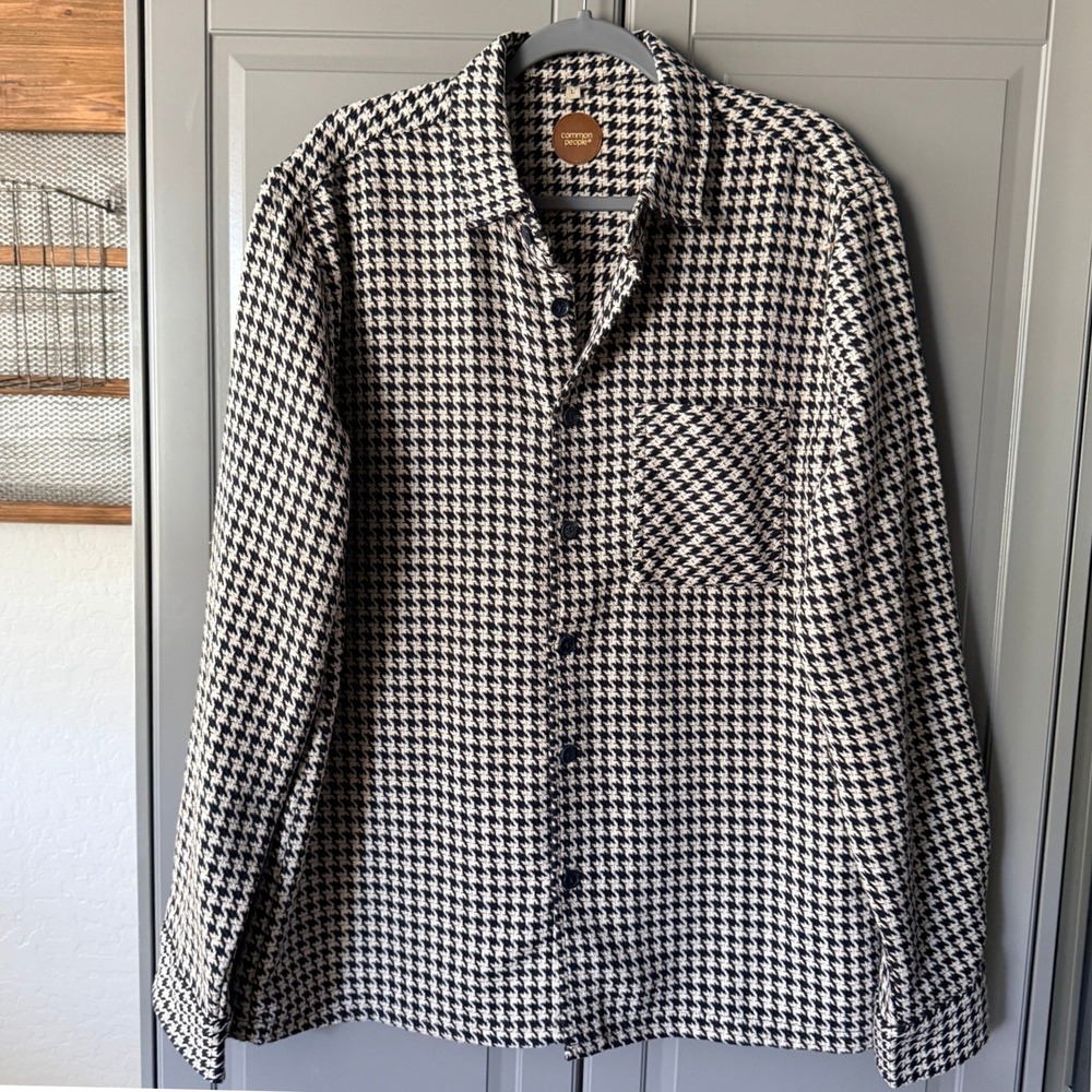 Common People Mens Granby Houndstooth Knit Overshirt Shacket, Black White,L
